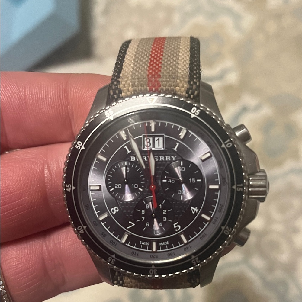 Burberry Black Dial Watch with Striped Strap